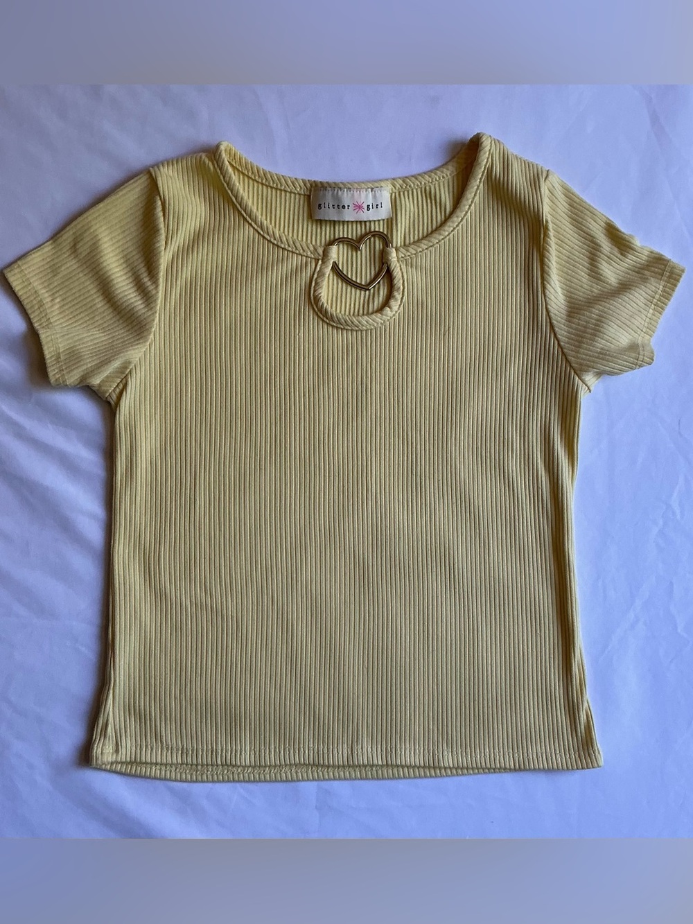 Glitter Girl Yellow Ribbed Short Sleeve Tee with Heart Ring